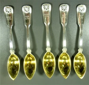TIFFANY SHELL & THREAD 5 STERLING SILVER FRUIT / ORANGE SPOONS GOLD WASH BOWL - Picture 1 of 7