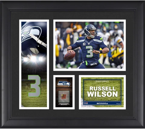 Russell Wilson Seahawks Framed 15x17 Collage & Piece of G-U Football Cover