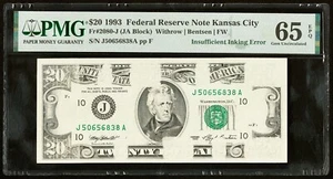 1993 $20 Federal Reserve Kansas City Insufficient Inking Error note PMG 65 EPQ - Picture 1 of 3