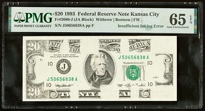 1993 $20 Federal Reserve Kansas City Insufficient Inking Error note PMG 65 EPQ - Image 1 of 3