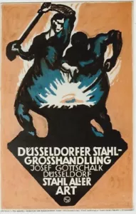 Póster original vintage ALEMÁN PRIMERA GUERRA MUNDIAL ACERO COMERCIO DUSSELDORF c.1915 - Imagen 1 de 1
