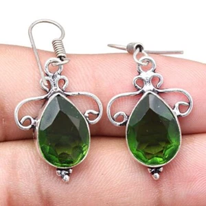 Peridot Quartz Gemstone Handmade Gift For Her Silver Jewelry Earrings 1.5'' - Picture 1 of 5
