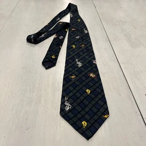 Looney Tunes Mania Blue Green Plaid Silk Tie Bugs Taz Tweety Daffy 1995 Vtg - Picture 1 of 12
