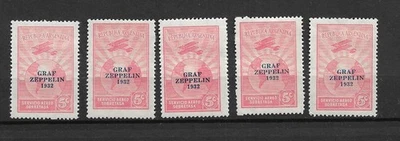 ARGENTINA 1932 LOT OF 5 5c GRAF ZEPPELIN 2nd FLIGHT TO SOUTH AM. OVPT MINT PERF - image 1 of 2