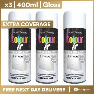 x3 Paint Factory Multi-Purpose Colour It Spray Paint 400ml Antique White Gloss
