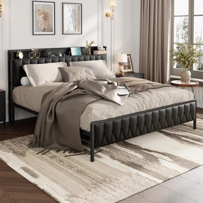 King Upholstered Platform Bed w/ Charging Station 12" Underbed Storage Bed Frame - Image 1 of 4