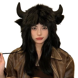 Cute Buffalo Horns Ears Winter Hat Fuzzy Plush Fur Warm Russian Ushanka Trapp... - Picture 1 of 7