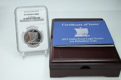 Moneda de paladio Isla de Man 2012 1 noble 1 OZ NGC PR70DCAM #5010 caja y certificado de autenticidad Foto 1 de 4