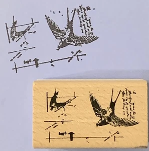 Sello artesanal efímero golondrina pájaros líneas de texto diario arte - Imagen 1 de 2