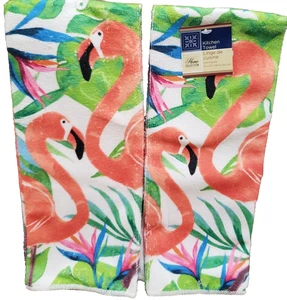 2er Set gleiche Mikrofaser Handtücher (15"x25") 2 FLAMINGOS, TROPISCHE PALMBLÄTTER, GR - Bild 1 von 9