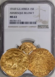 German East Africa - 1916-T Gold 15 Rupien NGC MS-63. Arabesque below the T. - Picture 1 of 1