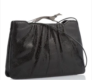 Judith Leiber Karung Snake Skin Black Handbag Clutch Shoulder GreyHound Clasp - Picture 1 of 12
