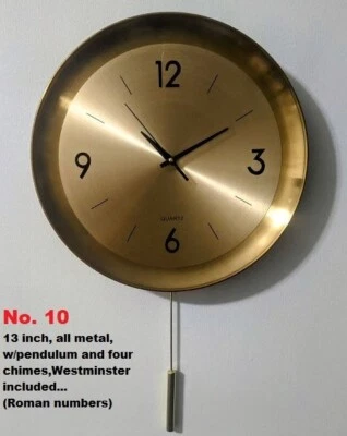 Contemporary Metallic Wall Clock -Gold Finish with Classic Pendulum & Chime (10) - Image 1 of 3