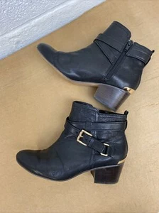 Coach Pauline Ankle Boots Size 6B black Leather Zipper Booties Gold Buckles Side - Picture 1 of 12