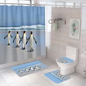 Penguin Shower Curtain Bathroom Rug Set Bath Mat Non-Slip Toilet Lid Cover - Picture 1 of 11