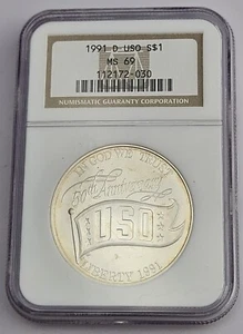1991-D USO Commemorative Silver Dollar $1 90% Silver NGC MS 69 - Picture 1 of 4