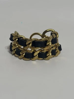 Vtg Chanel Gold Chain Black Leather Bracelet - Image 1 of 4