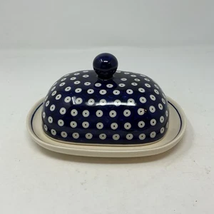 Boleslawiec Polish Pottery Butter Dish With Lid Blue Dots Dome Cheese Tray #2 - Picture 1 of 11