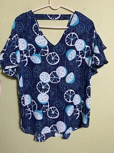 APT9 Top women m short flutter sleeve shirt blue Lemons School, Teacher, Office - Picture 1 of 5