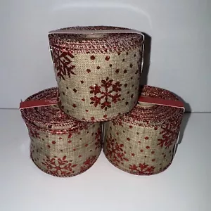 CHRISTMAS WIRED WIBBON 2.5" wide-25  yards Red glitter snowflakes Lot Of 3 - Picture 1 of 5