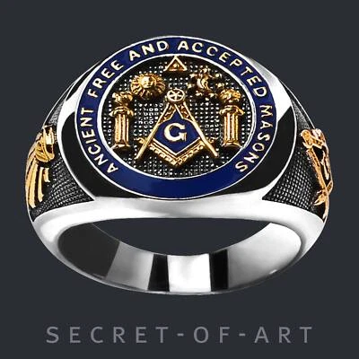 Masonic Ring AF AM AFAM Silver 925 18KGold-Plated Pillars Master Mason Size 8-13 - Image 1 of 4