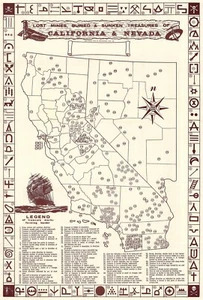 1962 Karte der begrabenen Schätze und verlorenen Minen in Kalifornien und Nevada 11x16 Druck - Bild 1 von 3