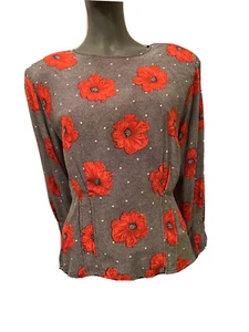 Vintage Y.LE.V schwarz rot Mohnblumen Seide kastig Dolman Slv Bluse spitz zulaufend Schößchen Größe 6 - Bild 1 von 11
