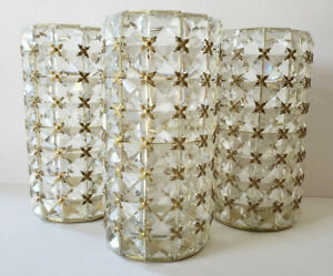 Set of 3 Beautiful Square Crystal Bead and Gold Metal 7.5" Candle Holders 