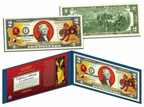 Chinese Zodiac YEAR OF THE RABBIT Colorized $2 Bill US Legal Tender Lucky Money Cover