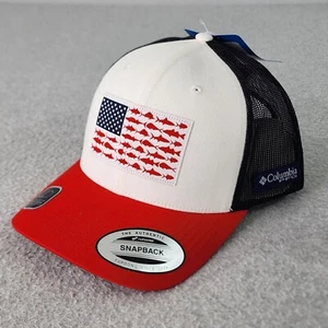 Columbia PFG Fish Game Flag Hat Adult Red/White Snapback High Crown Trucker Cap - Picture 1 of 12