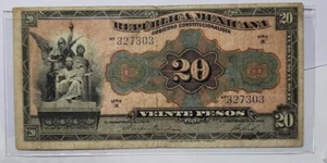 MEXICO GOBIERNO CONSTITUCIONALISTA 20 PESOS 1915 WORLD CURRENCY BANKNOTE  - Picture 1 of 2