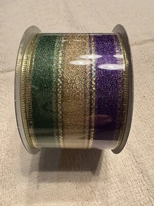 Mardi Gras Metallic Ribbon, 2.5" x 25 Yards Classic Purple, Gold & Green Stripe - Picture 1 of 4