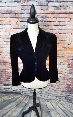 Zelda Women's Black VELVET Evening EMBROIDERED SILK Rayon Jacket Blazer Sz 2 - Image 1 of 4