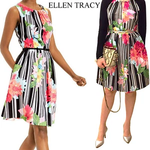 ELLEN TRACY 2 XS Blumen Kleid Streifen Fit Flare Schlüsselloch Midi 50er Retro 4 S 1950 - Bild 1 von 12