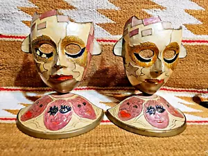 COOL SCARCE PAIR ANTIQUE BRASS JESTER THEATER THEATRICAL CLOWN 6.75" BOOKENDS - Picture 1 of 12