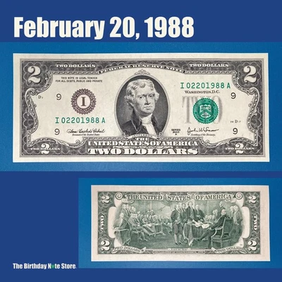 February 20, 1988 Birthday Anniversary $2 Two Dollar Bill Serial Number 02201988 - Image 1 of 2