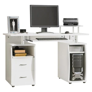 LARGE TABLETOP DESK WITH KEYBOARD TRAY, DRAWER, MONITOR SHELF 50KG LOAD WHITE - Picture 1 of 9