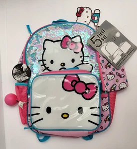 5 Pc Hello Kitty Backpack Lunch Box Bag Tote Soft Pencil Case Sequins Sanrio - Picture 1 of 4