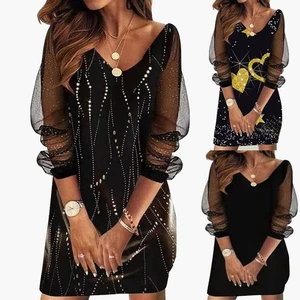 Pailletten Minikleid Damen Durchsichtig Figurbetont Kleider Lange Ärmel - Picture 1 of 17