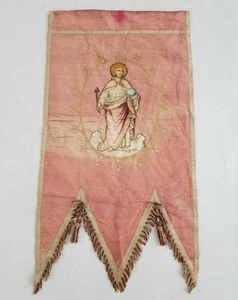 Antiguo Banner Sagrado Corazón Bordado Seda Francesa con Encaje 95x53cm - Imagen 1 de 13