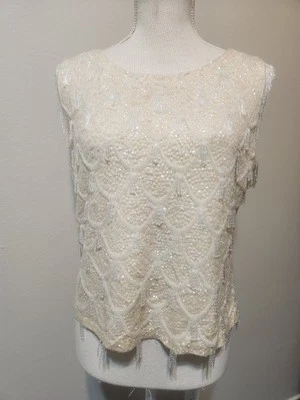 Top de cóctel decorativo vintage Hong Kong años 60 marfil perla lentejuelas cuentas borlas - talla L Foto 1 de 4