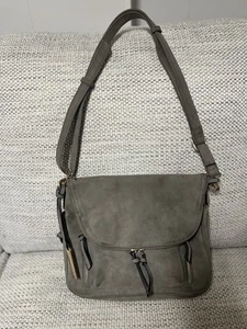 Massini Grey Suede Zipper Accent Flap Close Vegan Leather Small Crossbody Purse - Picture 1 of 5