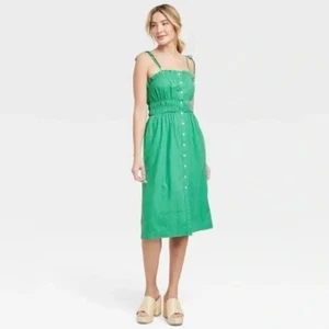 Vestido Solero Universal Threads Lino/Rayón Midi Botón Ceñido Verde Para Mujer Mediano Usado en Excelente Condición - Imagen 1 de 10