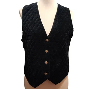Vintage Talbots M Petite Black Velvet Vest Quilted Front Gold Button Plaid Lined - Bild 1 von 10