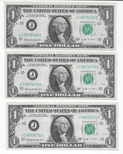 1963 B $1 Federal Reserve Notes (3) Joseph Barr Notes Three (3) Cons. Numbers - Picture 1 of 2