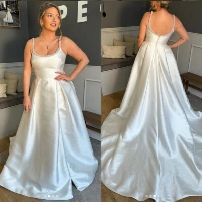 Elegant Wedding Dresses Beaded Spaghetti Straps Satin White Ivory Bridal Gowns - Image 1 of 4