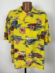 Vintage 90s Box Office Island Hawaiian Shirt Men L Classic Cars Floral Polyester - Picture 1 of 16