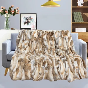 Real Rabbit Fur Throw Luxury Warm Blanket Sofa Bedspread Natural Yellow 55x63in - Picture 1 of 10