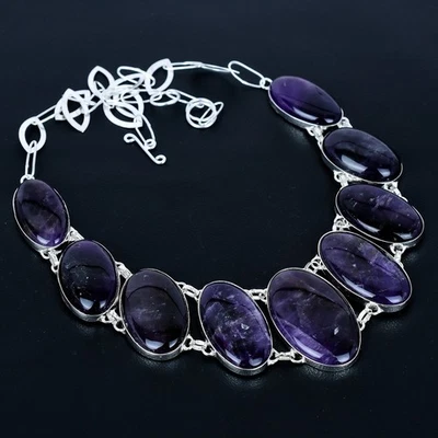 African Amethyst Oval Gemstone 925 Sterling Silver Jewelry Necklace 18" VJ 2613 - Image 1 of 4