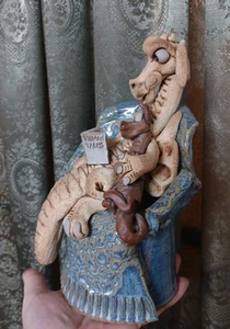 Signed Vintage Melissa & Jim Hogenson Art Pottery Dragon & Child Sculpture - Picture 1 of 11